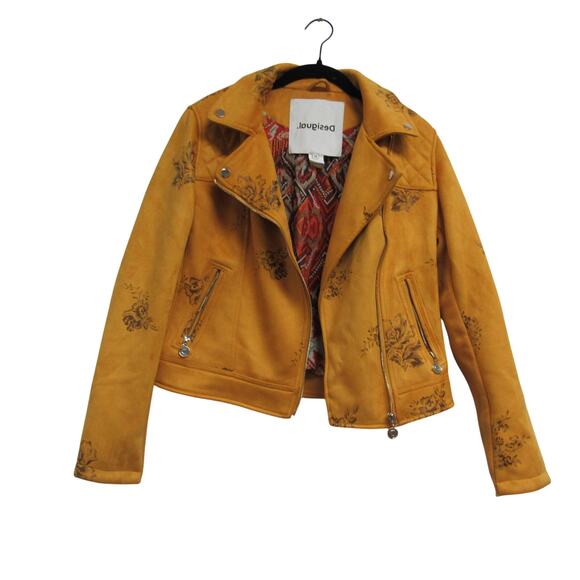 Desigual Yellow Floral Biker Jacket Size 38 - Picture 3 of 5